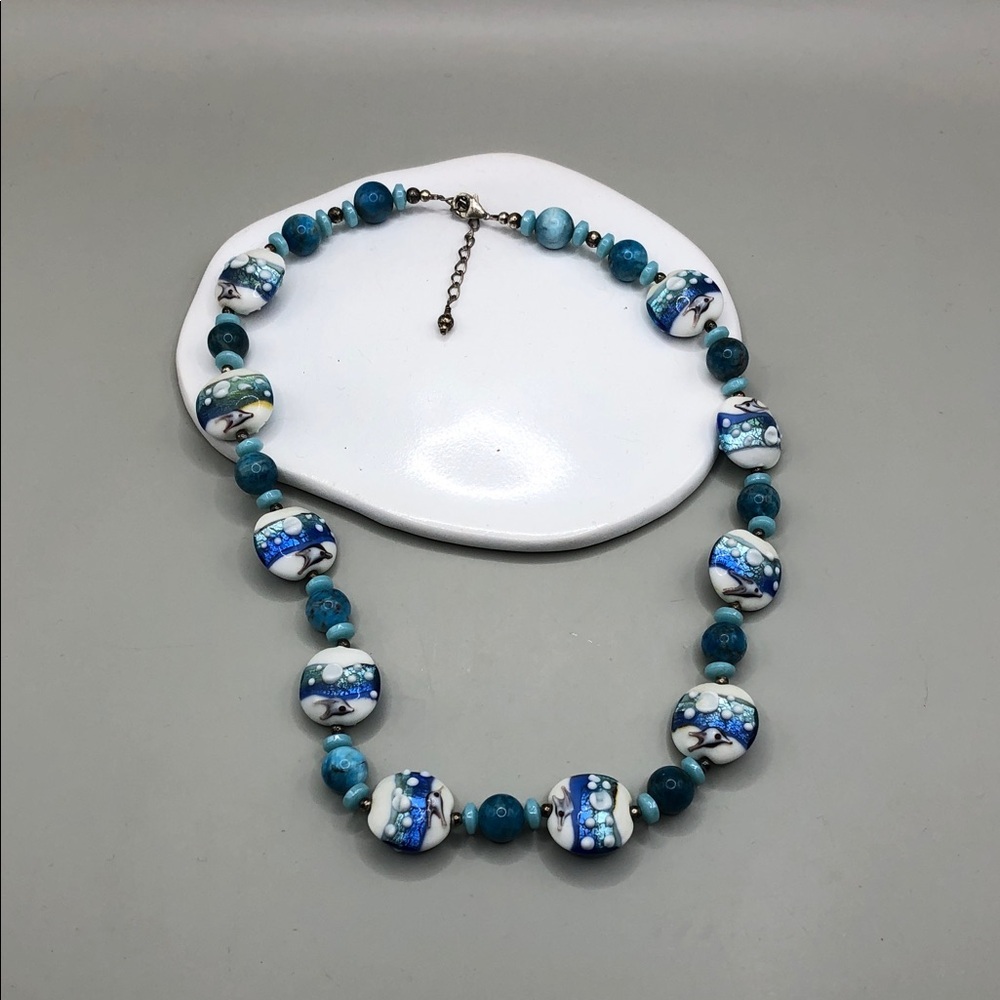 Dolphin art glass blue gemstones sterling silver clasp boho statement necklace,